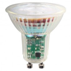 Λάμπα led GU10 γυάλινη διάφανη 5,5W ντιμαριζόμενη (dimmable) 3000K θερμό λευκό φως στενή δέσμη 38° 380lumens 220V