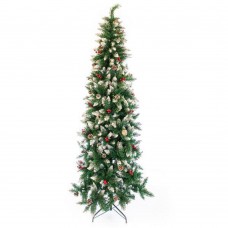 Χριστουγεννιάτικο δέντρο 240cm (2,40 μέτρα) χιονισμένο slim έλατο Βουδαπέστη με κόκκινα berry pvc διάμετρο 90cm μεταλλική βάση και 900 κλαδιά