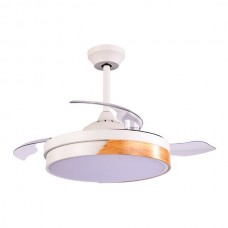Ανεμιστήρας οροφής λευκός με ξύλο 32W DC moter ηχείο bluetooth Φ107cm led φως 36W ανοιγοκλειόμενες φτερωτές και κοντρόλ (τηλεχειριστήριο)