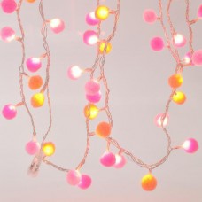 Χριστουγεννιάτικα 100 led θερμά λευκά λαμπάκια (φωτάκια) με λευκές και ροζ υφασμάτινες μπάλες επέκταση και διάφανο καλώδιο 795cm στεγανά IP44