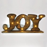 Χριστουγεννιάτικη διακοσμητική φωτιζόμενη επιγραφή Joy επιτραπέζια καφέ ξύλινη μπαταρίας 3ΑA με 10 led θερμό λευκό φώς 50cm x 23cm