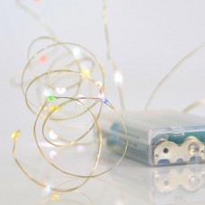 20 Χριστουγεννιάτικα led μίνι slim χρωματιστό πολύχρωμο φως λαμπάκια (φωτάκια) σε σειρά μπαταρίας 3 x AA IP20 και χάλκινο ασημί καλώδιο 200cm 