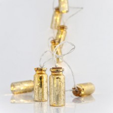 10 Χριστουγεννιάτικα θερμά led λαμπάκια (φωτάκια) με χρυσά μπουκαλάκια μπαταρίας 2 x ΑΑ μη στεγανά IP20 και διάφανο καλώδιο 180cm 