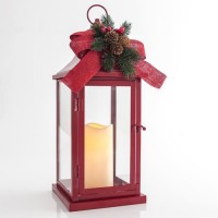 Χριστουγεννιάτικο διακοσμητικό κόκκινο φαναράκι (φανάρι) φωτιζόμενο με led κερί θερμό φως 17cm x 17cm x 40,5cm μπαταρίας 3AAA μη στεγανό IP20