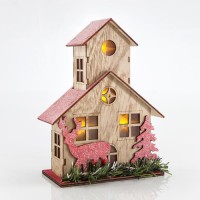 Χριστουγεννιάτικη φωτιζόμενη ξύλινη εκκλησία (εκκλησάκι) κόκκινο απαλό διακοσμητική μπαταρίας 2ΑΑ επιτραπέζια με 5 led θερμό λευκό 17cm x 21,5cm