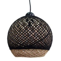 Φωτιστικό κρεμαστό κυκλικό ψάθινο μπαμπού μονόφωτο χρώματος καφέ μαύρο με ντουί Ε27 και διάμετρος 22cm x 100cm